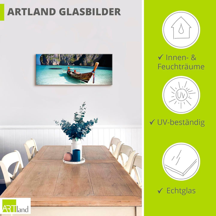 ARTland Glasbilder Wandbild Glas Bild einteilig 125x50 cm Querformat Strand Meer Südsee Boot Thailan