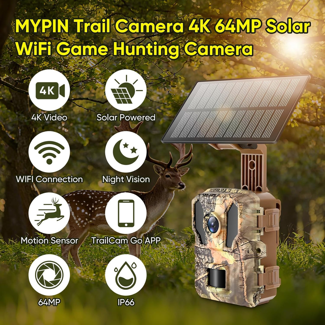 MYPIN Wildkamera 4K 64MP, Solar WLAN Jagdkamera mit Nachtsicht, 5000mAh Akku, IP66 Wasserdicht, Bewe