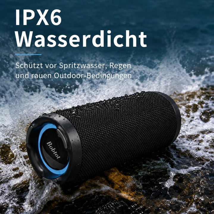 Bobtot Tragbarer Bluetooth-Lautsprecher, IPX6 wasserdicht, mit kräftigem Bass, 15 W RMS lautem Sound