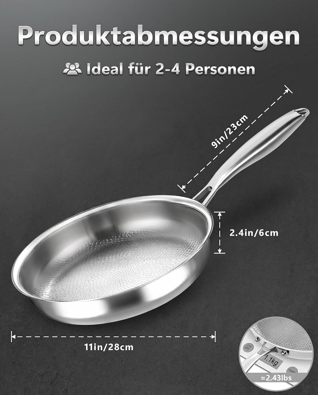 Titan Pfanne Induktion, 28cm Edelstahlpfanne Unbeschichtet, 18/10 Edelstahl Bratpfanne ohne PFOA &amp; P