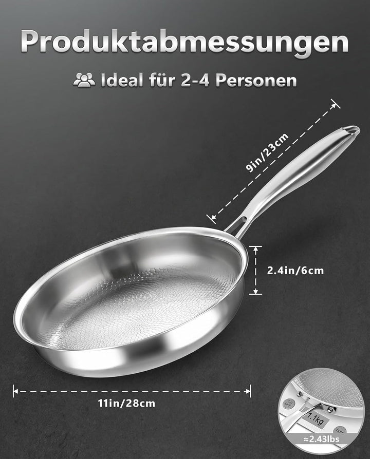 Titan Pfanne Induktion, 28cm Edelstahlpfanne Unbeschichtet, 18/10 Edelstahl Bratpfanne ohne PFOA &amp; P