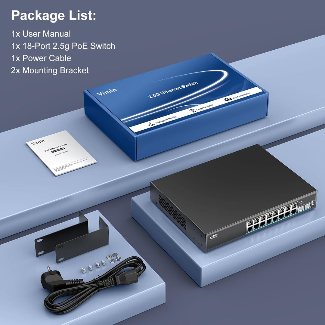 16 Port 2.5G PoE Switch Unmanaged mit 2X 10Gbps SFP, VIMIN 16x 2.5G Base-T PoE Ports, 10G SFP PoE Sw