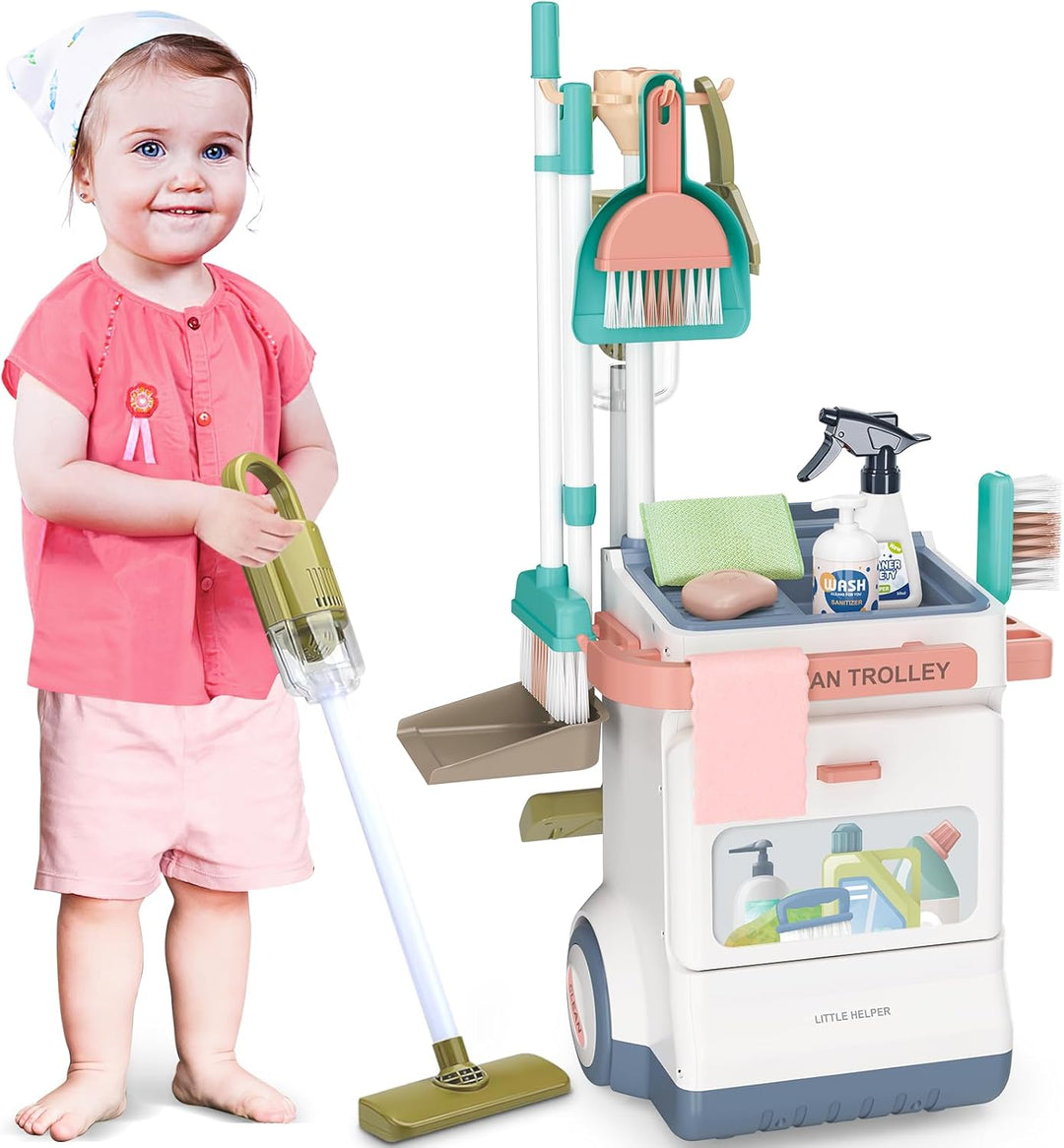 deAO Besenwagen Putzwagen Für Kinder,mit Kinderbesen,Kehrblech und Handfeger, Kinderstaubsauger mit
