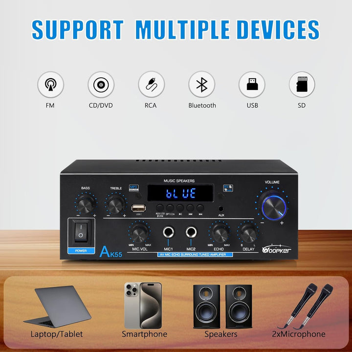 Stereo Verstärker - WOOPKER AK55 HiFi Verstärker Stereo Receiver 600W, 2.0 Kanal Bluetooth Verstärke