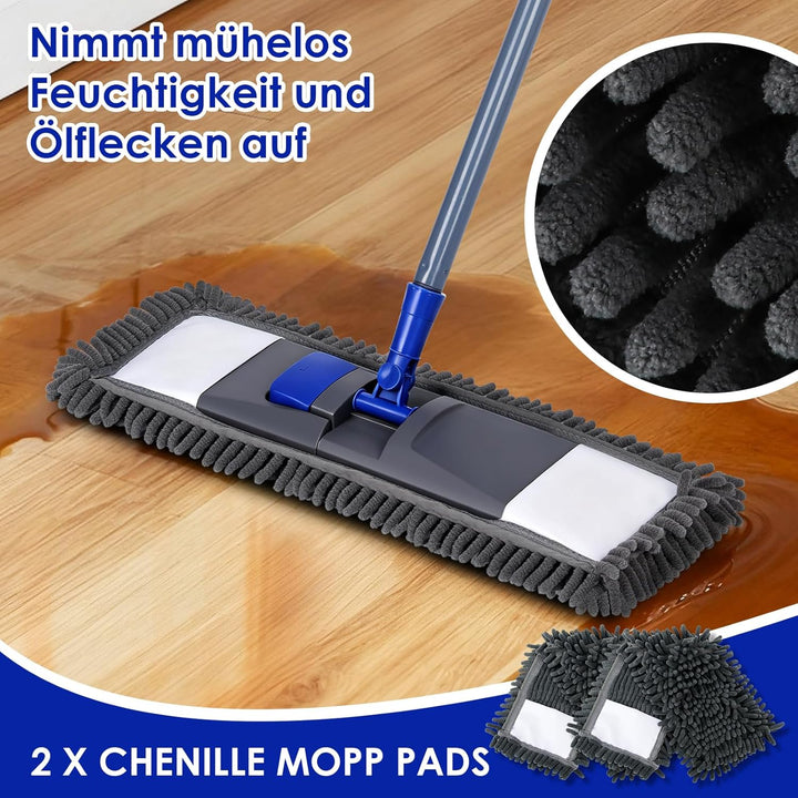 Masthome Flach Bodenwischer Set,128 cm Chenille Flach Wischmopp mit 4 Wischpads,Wischer Set für Schn