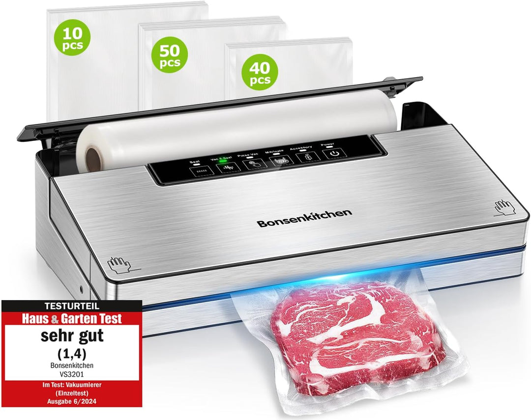 Bonsenkitchen Vakuumierer, Stark Vakuumiergerät mit 5 Modi, 8 L/Min, Globefish-Technologie für Konti
