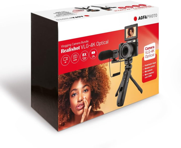 AGFA Photo Vlogging Kit VLG-4K Schwarz mit 8X optischem Zoom, Powerbank-Stativ, Fernbedienung, Mikro