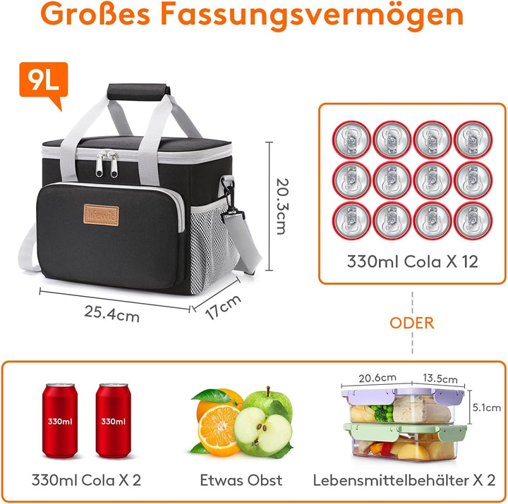Lifewit Kühltasche klein, Isolierte Cooler Bag, Lunchtasche 9L 12 Dosen Grau &amp; Schwarz 9L, Grau &amp; Sc