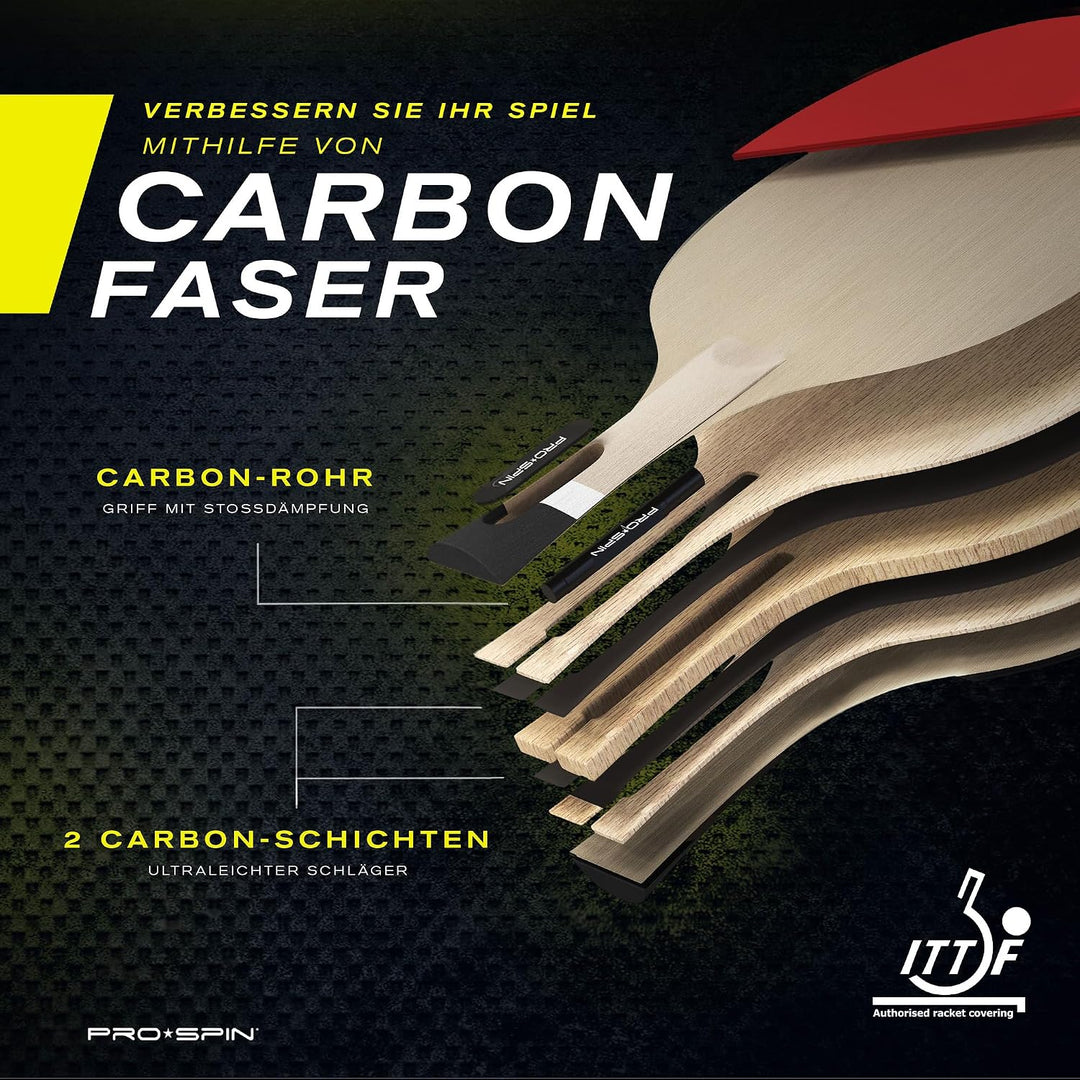 PRO-SPIN Carbon Tischtennisschläger | 7-lagiges Schlägerblatt, Offensiv-Gummi, 2,0-mm-Polster, Hochw