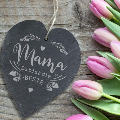 4you Design Schieferherz mit Gravur Mama Du bist die Beste, Mama, Deko Herz für Wand und Tür mit Kor