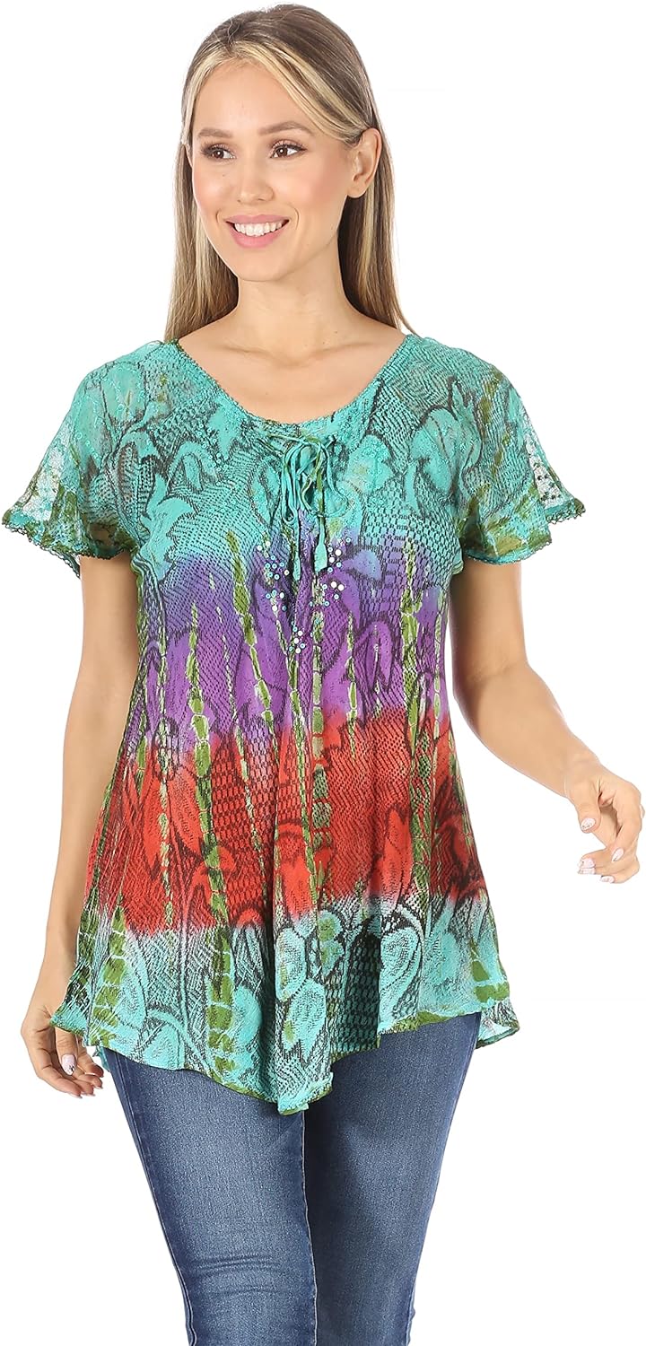 Sakkas 14783 - Dina Relaxed Fit Sequin Tie Dye Stickerei Cap Ärmel Bluse/Top Einheitsgrösse Türkis,