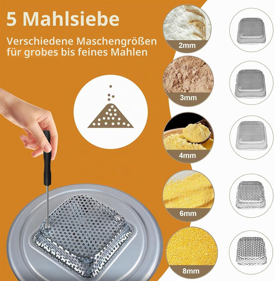 Elektrische Getreidemühle 1300W, 25L Maismühle Maschine mit 5 Feinheitssieben, abnehmbarem Trichter