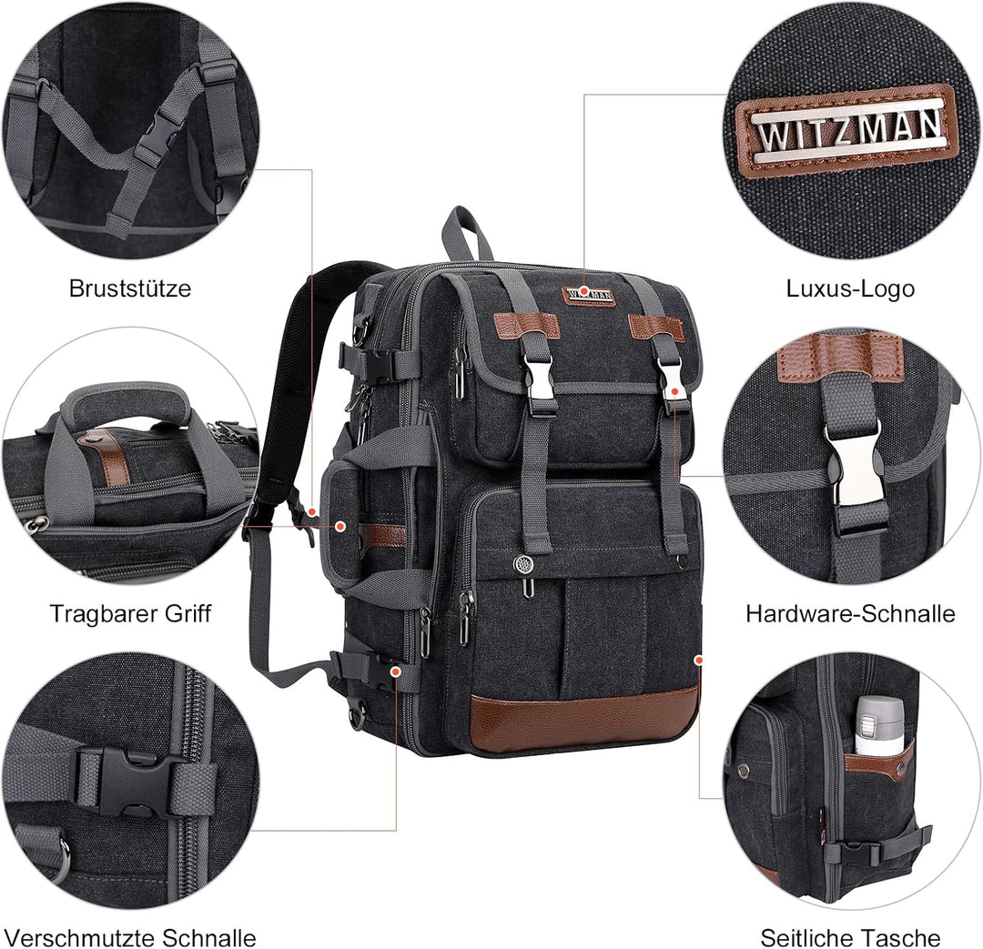 WITZMAN Reiserucksack Herren Canvas 40L Laptop Rucksack Fit 16 Zoll Vintage Rucksack für Herren Gesc