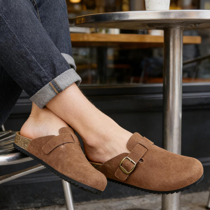 Intini Clogs Damen Herren Hausschuhe mit Fussbett Leder Pantoletten Gartenschuhe Geschlossene Bequem