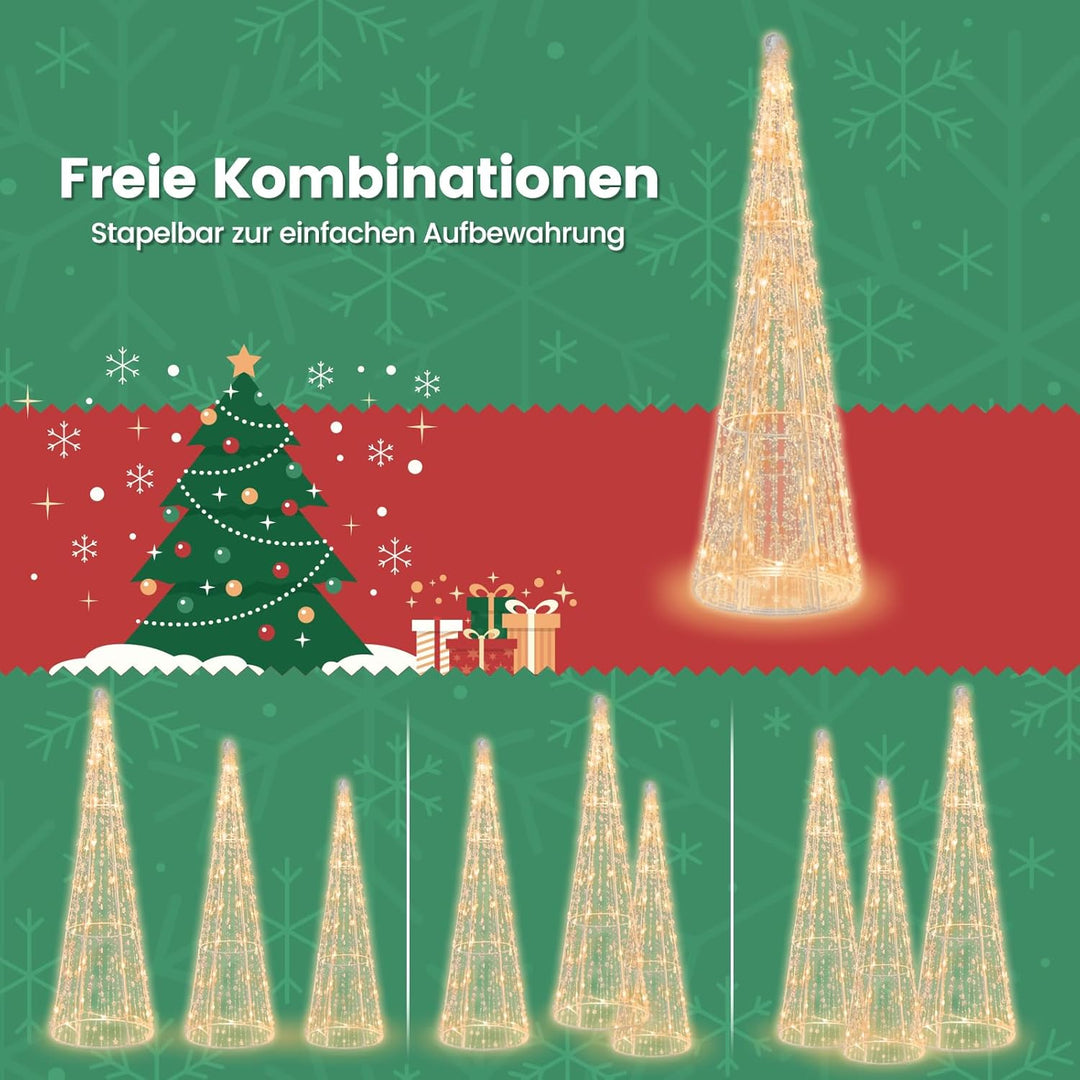 COSTWAY 3er Set LED Weihnachtsbaum in Kegelform, beleuchtete Weihnachtsdeko mit 90 warmweissen LED-L