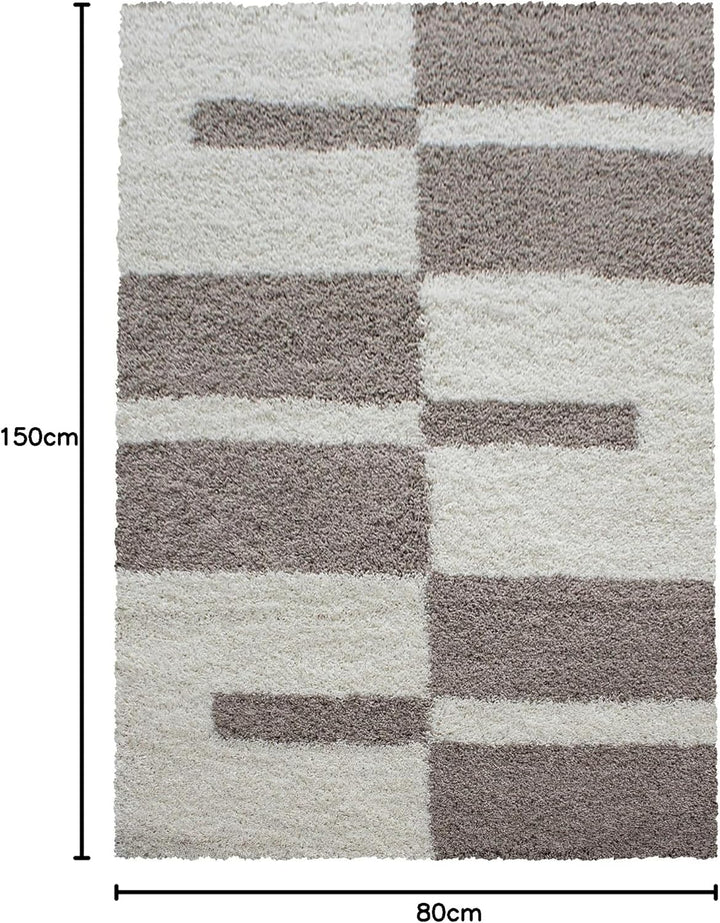 Carpetsale24 Teppich Wohnzimmer Moderne Kariert Design Shaggy Flokati 80 x 150 cm Beige-Creme - Hoch