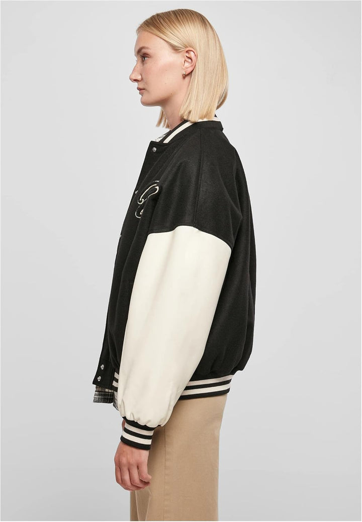 Urban Classics Damen Ladies Oversized Big U College Jacket Jacke S Black/Palewhite, S Black/Palewhit