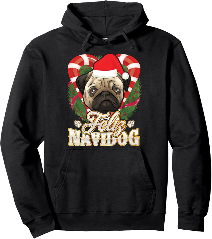 Feliz Navidog Mops mit Nikolausmütze Hund Weihnachtshunde Pullover Hoodie