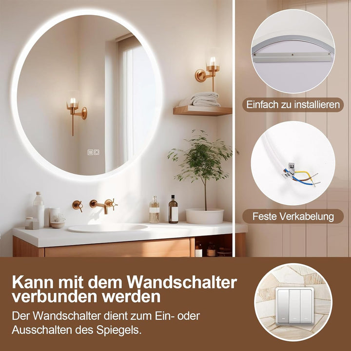 60cm runder LED Badezimmerspiegel mit Beleuchtung - Kosmetikspiegel mit Berührungssensor, 3 Lichtfar