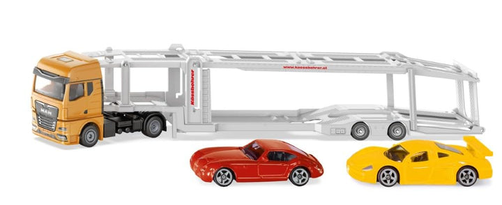 siku 3944, MAN Autotransporter, 1:50, Inkl. 2 Spielzeug-Autos, Metall/Kunststoff, Gelb/Silber, Abkop