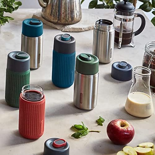 BLACK + BLUM Glas To-Go Becher, Olive, 340 ml, leichtes Borosilikatglas, rutschfeste, isolierende Si