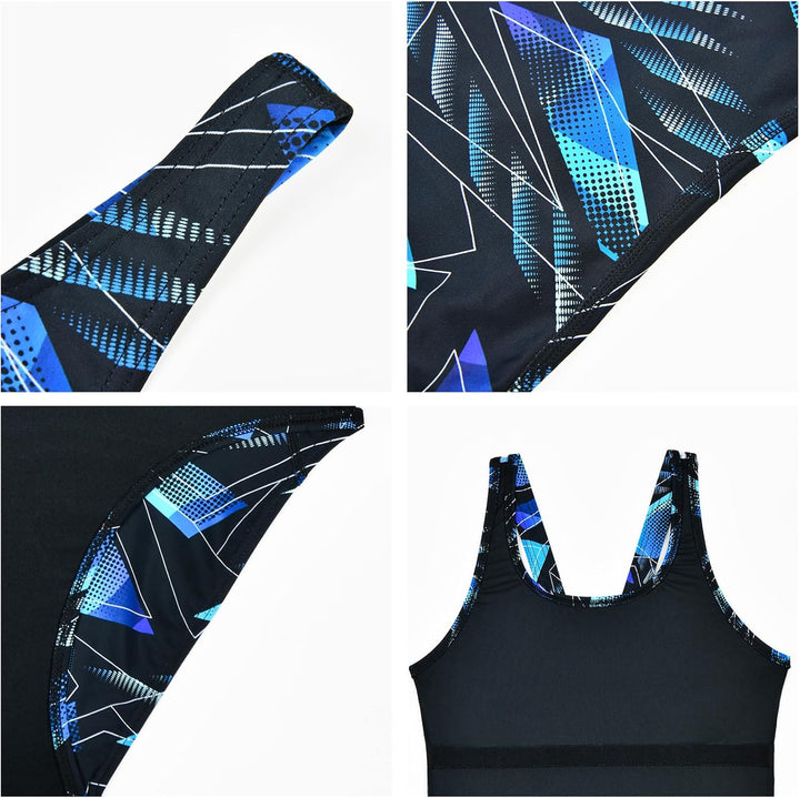 Veranobreeze Damen Sport Badeanzug Racerback Schwarz Sport Bademode 38 Geometrisch Blau, 38 Geometri
