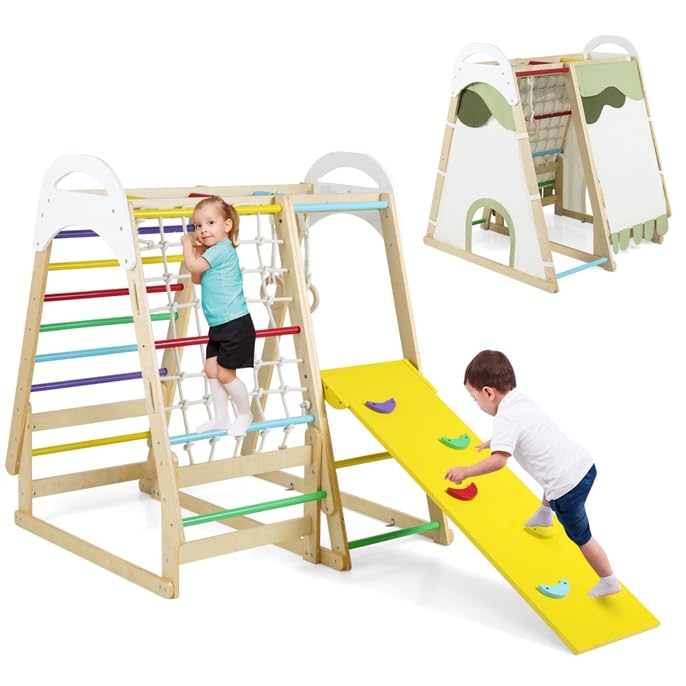COSTWAY Klettergerüst Indoor, 6 in 1 Turnringen & Kletterfelsen & Kletternetz & Leiter & Pull Up Bar