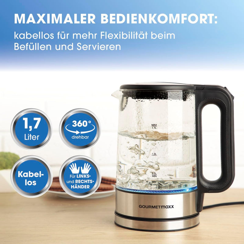 GOURMETmaxx Glas-Wasserkocher 1,7 Liter mit integrierter Beleuchtung | Leistungsstarker Boiler mit A