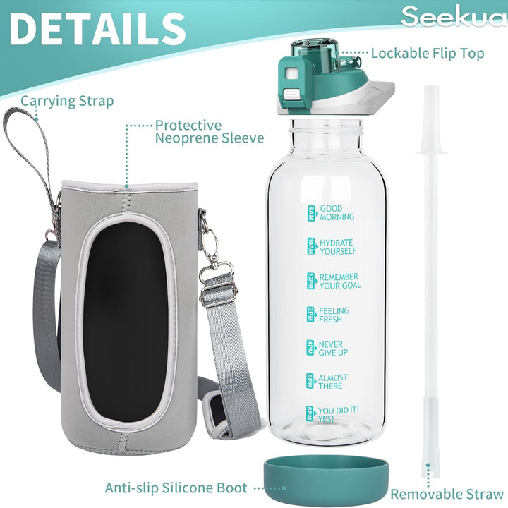 Seekua 1.5 liter Sport Trinkflasche Glas Flasche mit Strohhalm & Zeitmarkierung auslaufsicher bpa fr