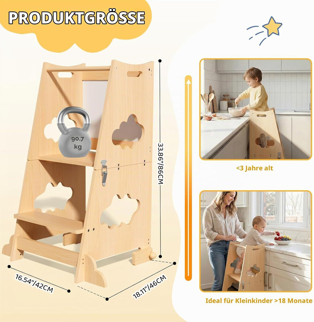 KIDINIX Lernturm ab 1 Jahr, 3 in 1 Montessori Learning Tower mit Sicherheitsgeländer und Tafel, Klap
