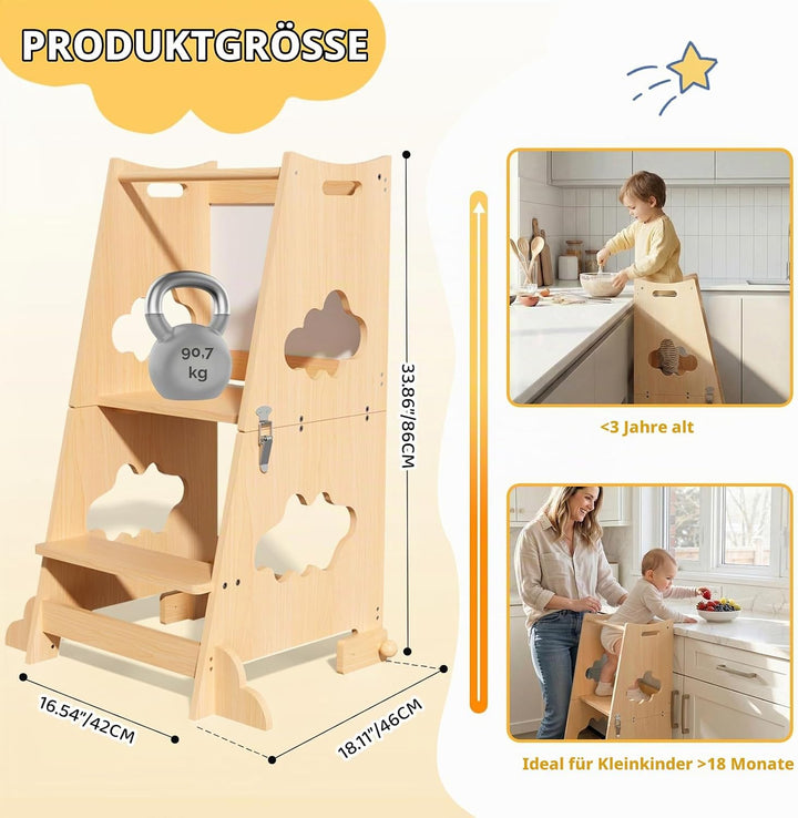 KIDINIX Lernturm ab 1 Jahr, 3 in 1 Montessori Learning Tower mit Sicherheitsgeländer und Tafel, Klap