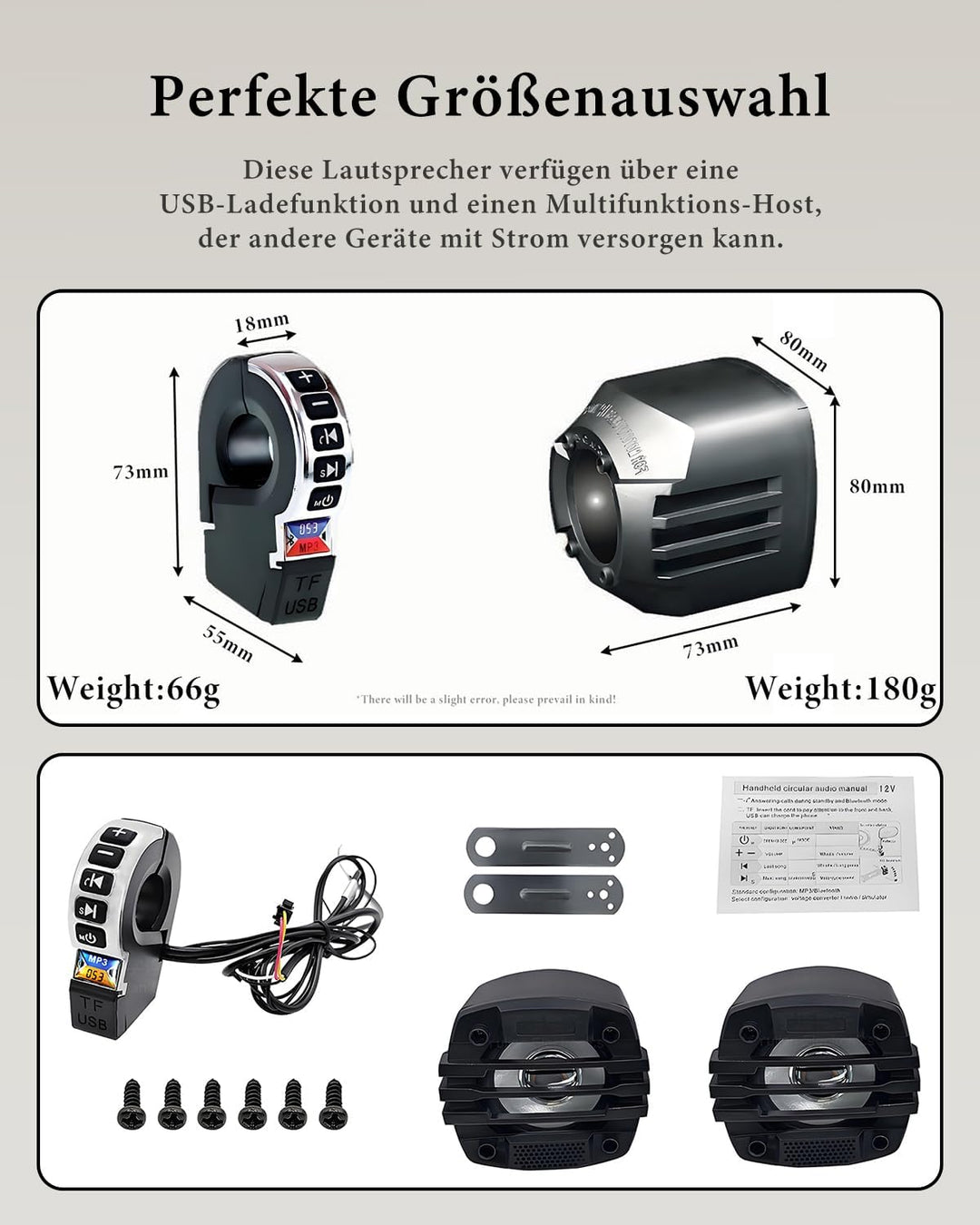 Motorrad-Lenkerlautsprecher mit Bluetooth, FM-Radio, Bedientaste, 12 V | Wasserfestes Stereo-System