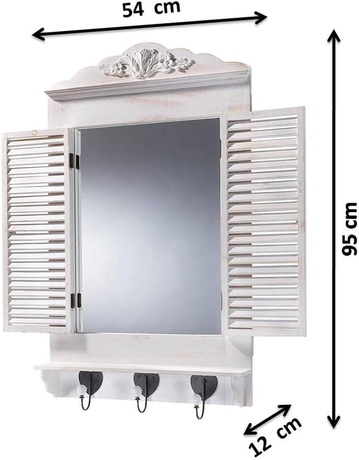 Kobolo Dekofenster Fensterrahmen Spiegel - White Vintage -Fensterläden zum öffnen- 90x55x12 cm