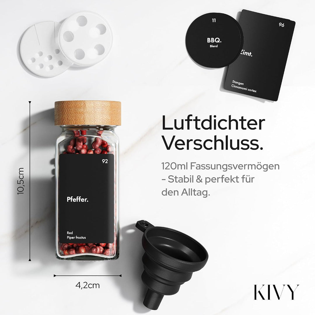 KIVY Gewürzgläser mit Streueinsatz - 24x 120ml + 240 Etiketten - Luftdicht | Wasserfeste Label - Luf