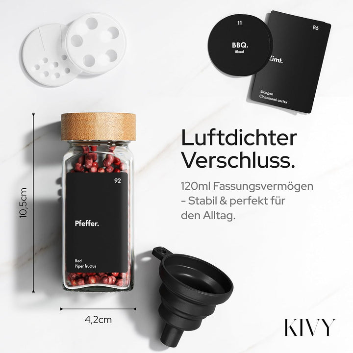 KIVY Gewürzgläser mit Streueinsatz - 24x 120ml + 240 Etiketten - Luftdicht | Wasserfeste Label - Luf
