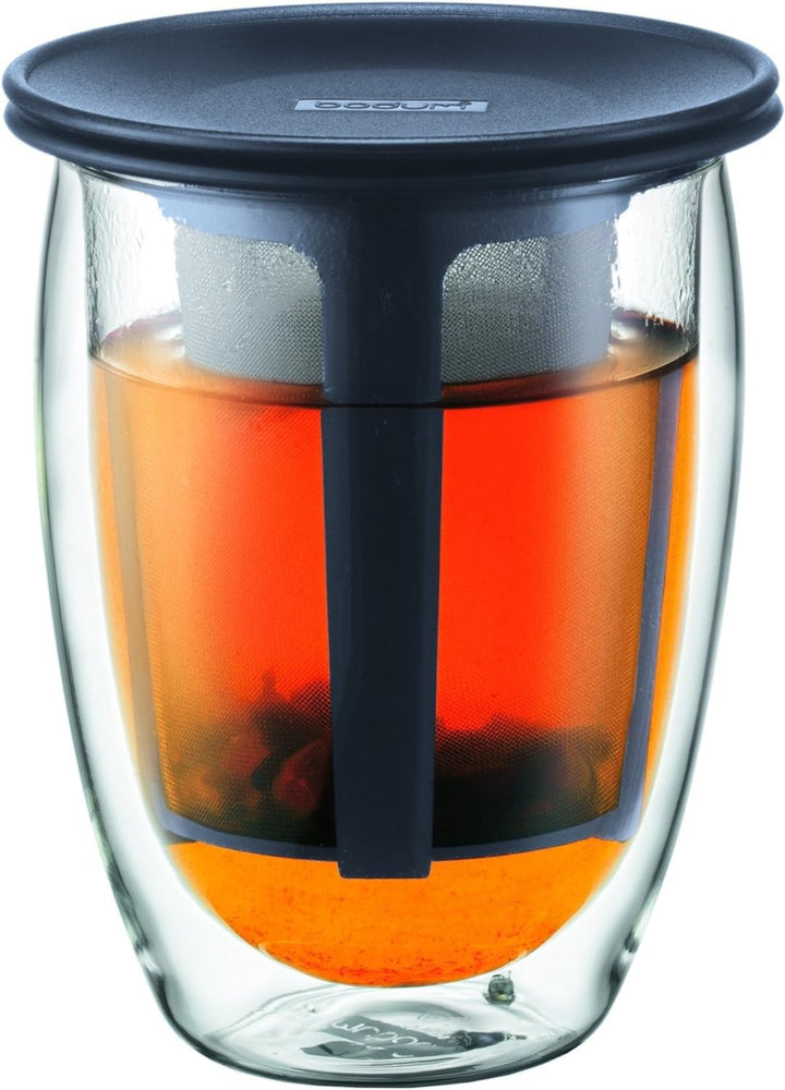 Bodum TEA FOR ONE Teeglas mit Kunststofffilter (Doppelwandig, Isoliert, 0,35 liters) schwarz, Schwar