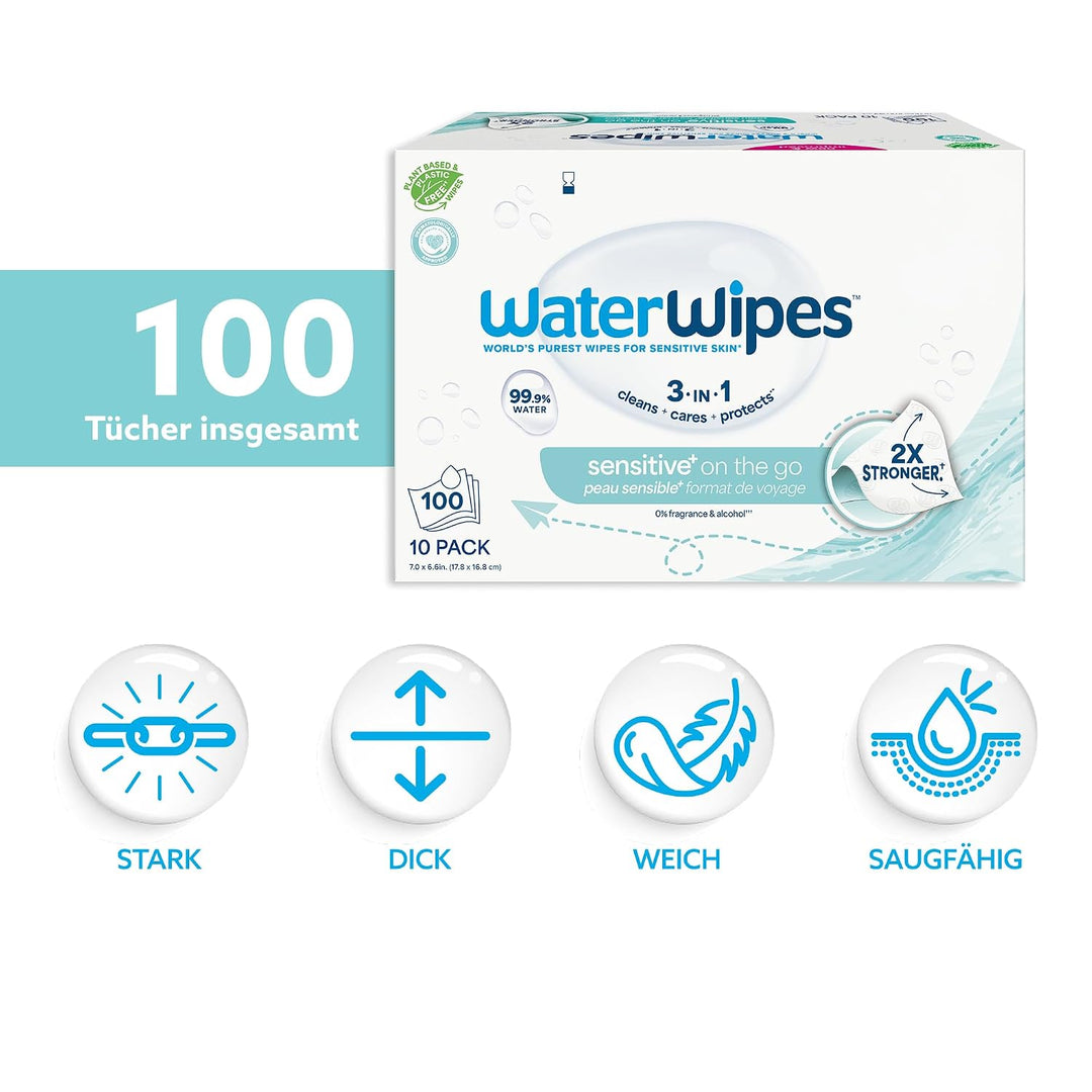 WaterWipes Sensitive+ On The Go Wipes, Unterwegs-Tücher, 100 Stück (10 Packungen), 3-in-1 reinigt, p