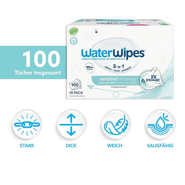 WaterWipes Sensitive+ On The Go Wipes, Unterwegs-Tücher, 100 Stück (10 Packungen), 3-in-1 reinigt, p