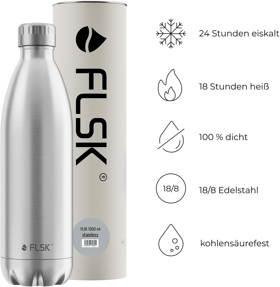 FLSK Trinkflasche – Premium Edelstahl Thermosflasche – 100% auslaufsicher & kohlensäuregeeignet – hä