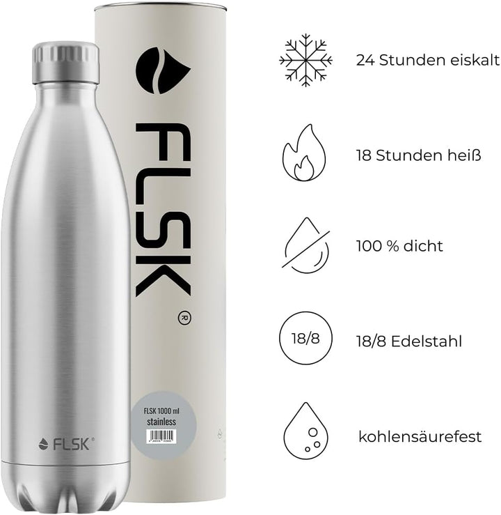 FLSK Trinkflasche – Premium Edelstahl Thermosflasche – 100% auslaufsicher & kohlensäuregeeignet – hä