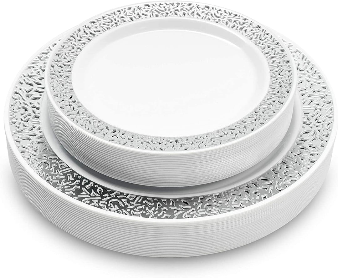 MATANA 40 Weisse Plastikteller mit Silbernem Rand für Hochzeiten, Geburtstage, Taufen, Weihnachten &