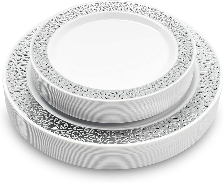 MATANA 40 Weisse Plastikteller mit Silbernem Rand für Hochzeiten, Geburtstage, Taufen, Weihnachten &