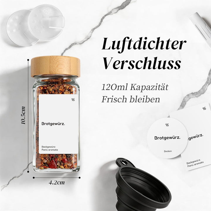 MHDCLY 24er Set Gewürzgläser Eckig mit Bambusdeckel (120ml) - Luftdichte Spice Jars & Gewürzstreuer