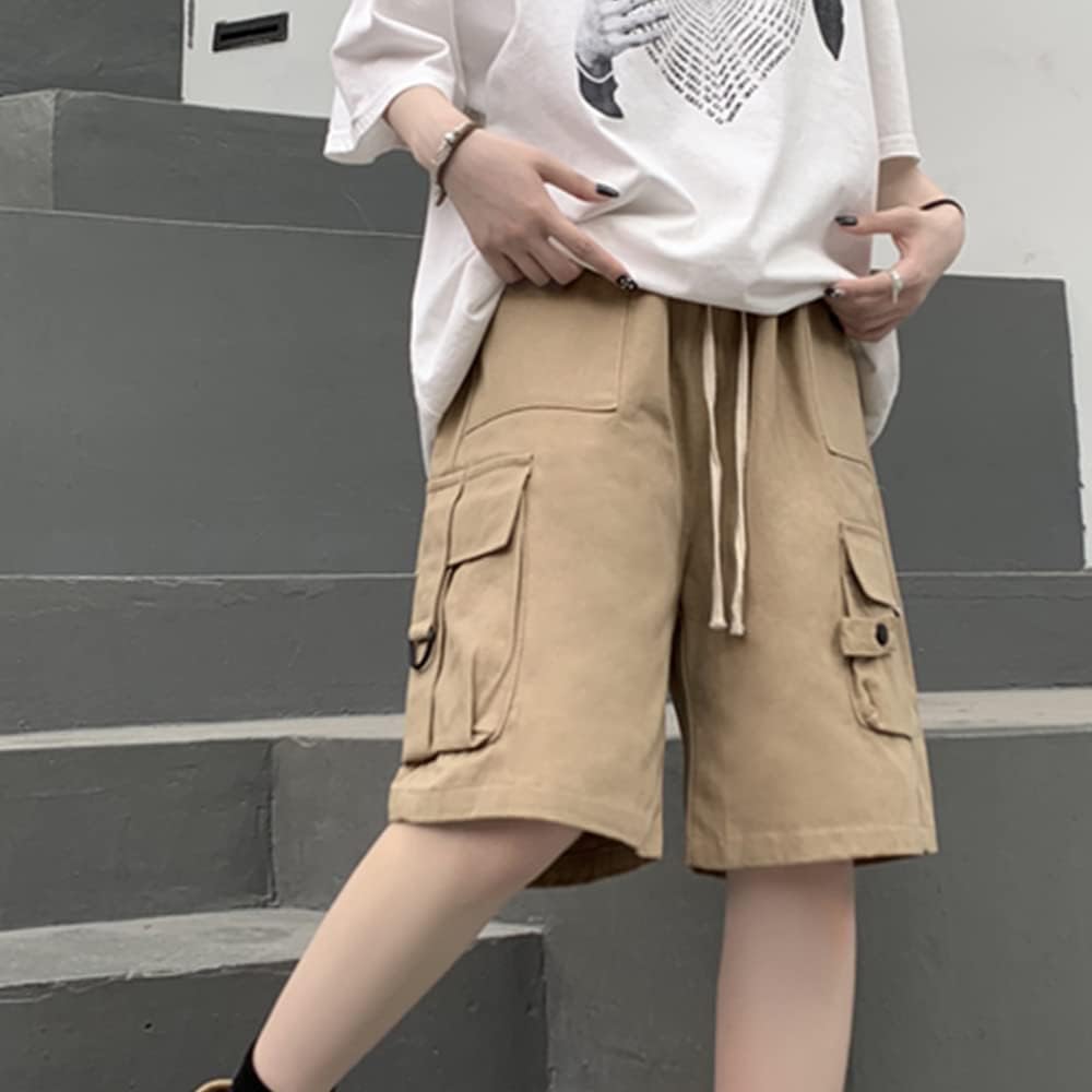 Kurze Hose Damen Knielang Bermuda Cargo Shorts Sommer Loose Fit Casual Harajuku S Khaki, S Khaki