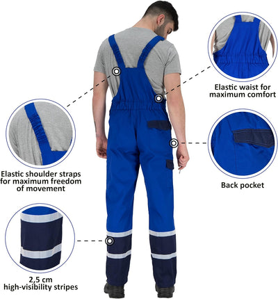 BWOLF Char Latzhose Herren Arbeitshose Schutz-Latzhose Herren mit Reflektierenden Elementen - Blau/G