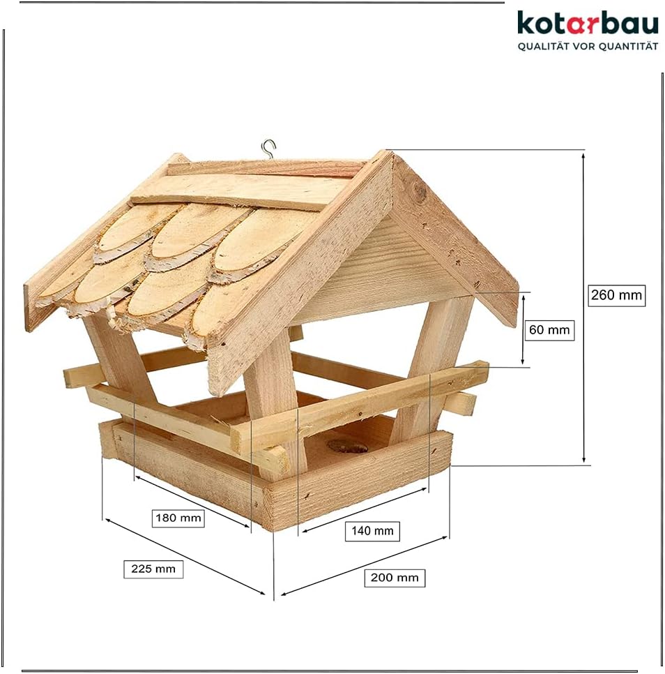 KOTARBAU® Holz-Vogelfutterhaus mit Schindel gedeckt zum Aufhängen + 0,5 kg Futter Gratis