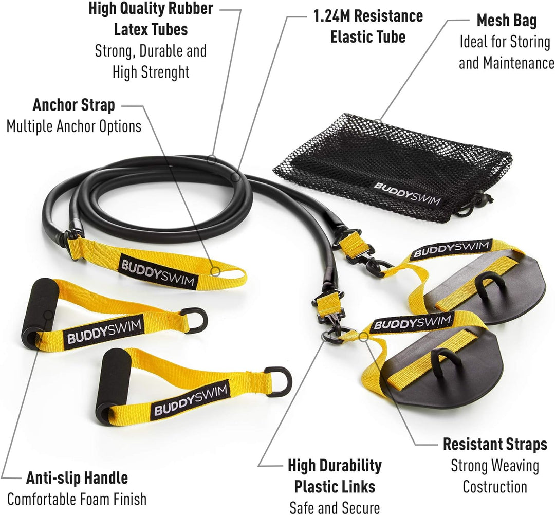 Buddyswim Super Stroke Dryland Cords Widerstandsgummis mit austauschbaren Griffen und Paddles. Elast
