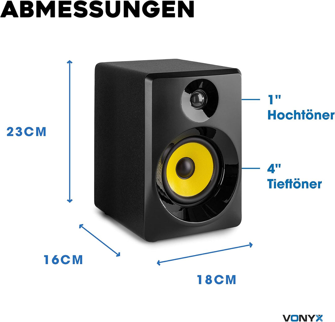 VONYX SMN40B - Studio Monitor, Aktiv Lautsprecher Set, 100 Watt, 4 Zoll Studiolautsprecher Set, DJ M