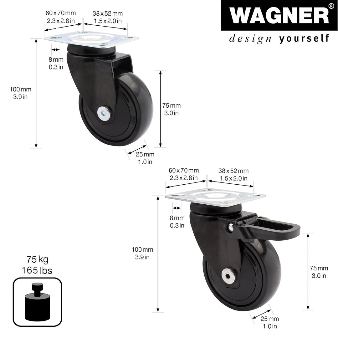 WAGNER Design - 3C - Lenkrollen / Apparaterollen / Möbelrollen 2tlg. Set - schwarz, 1 Rolle ohne u.