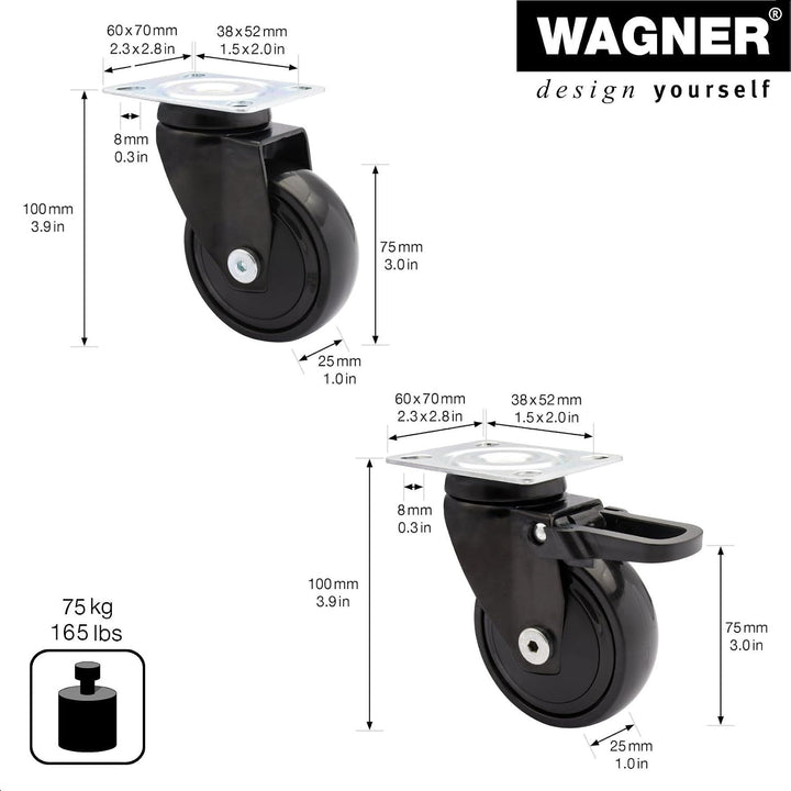 WAGNER Design - 3C - Lenkrollen / Apparaterollen / Möbelrollen 2tlg. Set - schwarz, 1 Rolle ohne u.